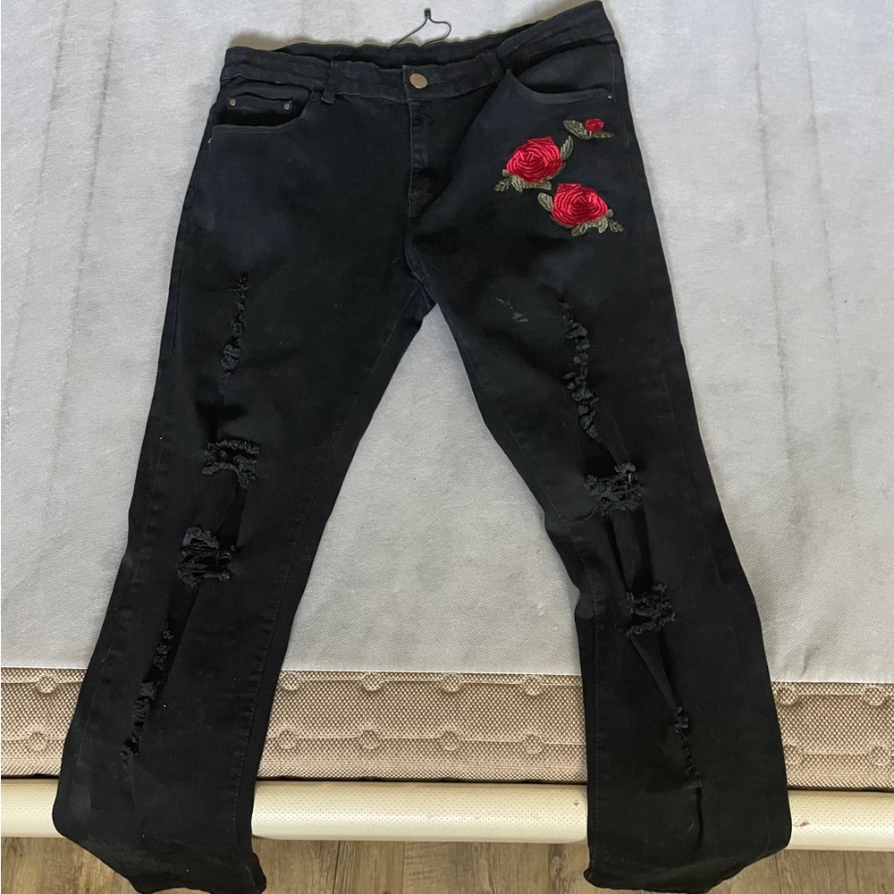 Men’s Graphic Rose Rip Designer Jeans Sz.34